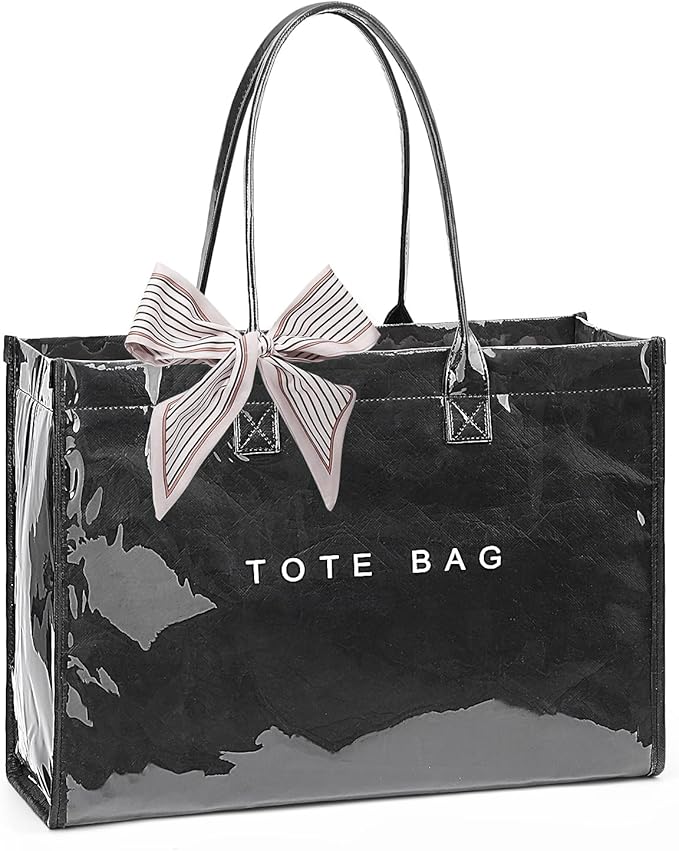 Lushandy PVC Tote Bag for Women, Large Plastic Tote Purse Work Kraft Paper Letter Print Shoulder Bag Carry All Hobo Handbag