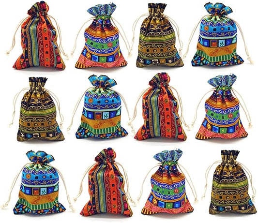 GALAOMA 12pc Egyptian Style Jewelry Coin Pouches Aztec Print Drawstring Gift Bag Party Accessories Brocade Cotton Sachet C...