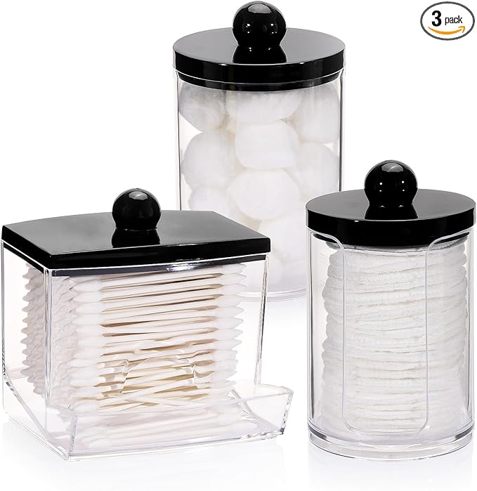 Tbestmax 3 Pack Qtips Holder Dispenser - Bathroom Organizers and Storage Containers, Plastic Apothecary Jars with Black Li...