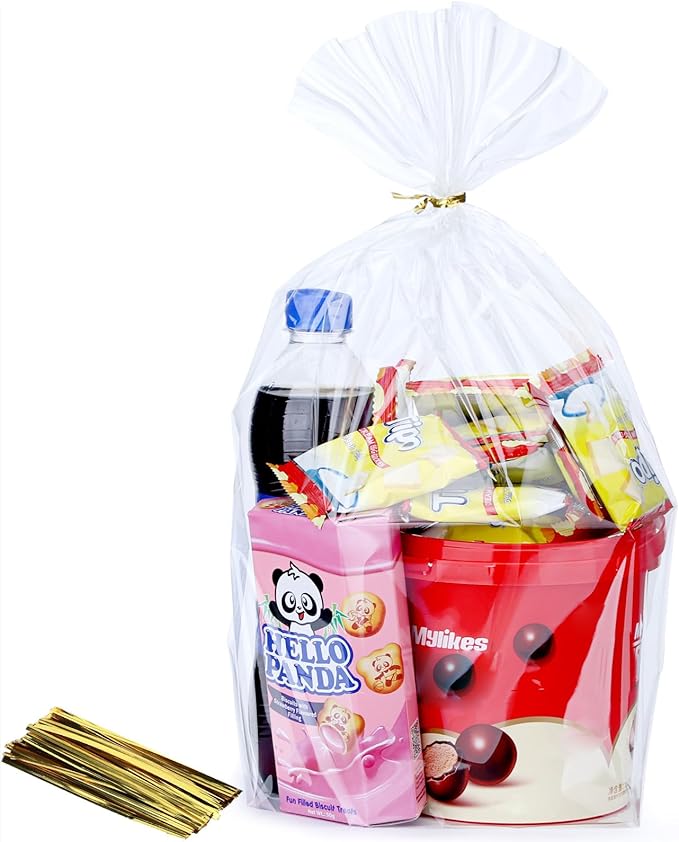 ZIMCEMS 50Pcs 12X16 inch Bottom Gusset Bags Clear Cellophane Gift Wrap Wrapping Plastic Large Cello Bags for Party Favors ...