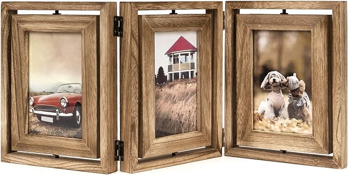 Emfogo 4x6 Picture Frame Rustic Wood Hinged Folding Triple Picture Frames Collage, Double-Sided Display Rotatable High Def...