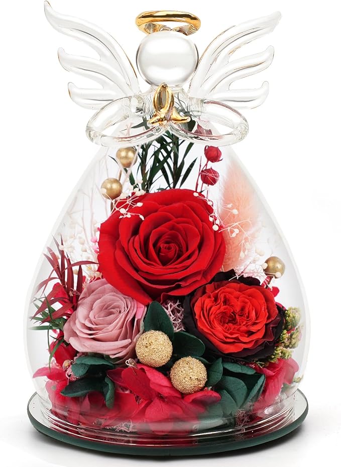 Kemiputi Red Preserved Rose Glass Angel Figurine, Romantic Gifts for Wife Girlfriend, Real Forever Flower I Love You Anniv...