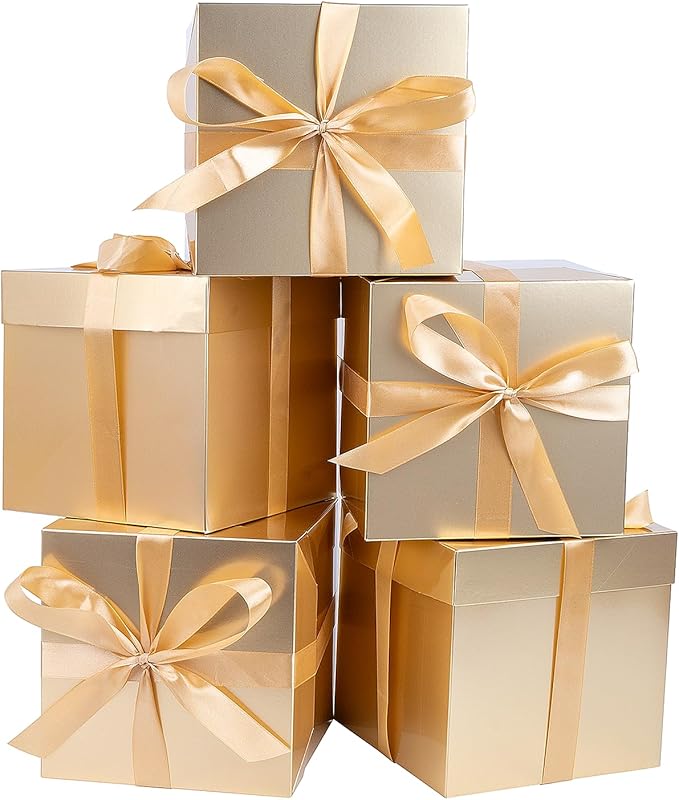 Jaywayang 5 Pack Gold Gift Boxes with Lids, Ribbons and Tissue Papers Square Gift Boxes - 7.1 Inch - Christmas Presents Wr...