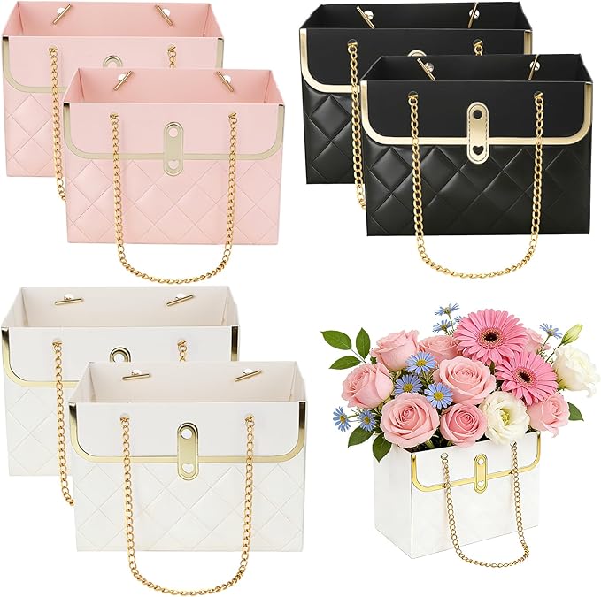 Flower Paper Gift Box 6 Pcs Floral Bouquet Storage Bucket Handbag with Metal Chain Flower Bouquet Purse Box Gift Wrap Bags...