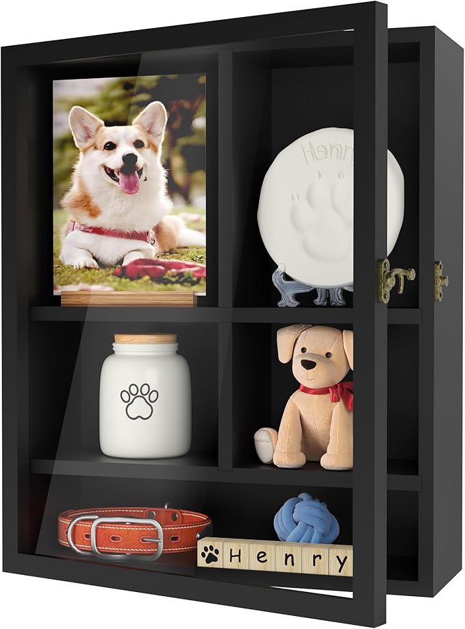 Pet Memorial Shadow Box, 14.7"x 12" Dog Memorial Shadow Box with Adjustable Shelves & Pin-Back Board, Wooden Pet Memorial ...