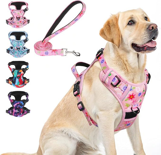 BEAUTYZOO No Pull Dog Harness and Leash Set with 2 Metal Leash Clips - Overhead-Free 3 Snap Buckles Design, Adjustable No-...