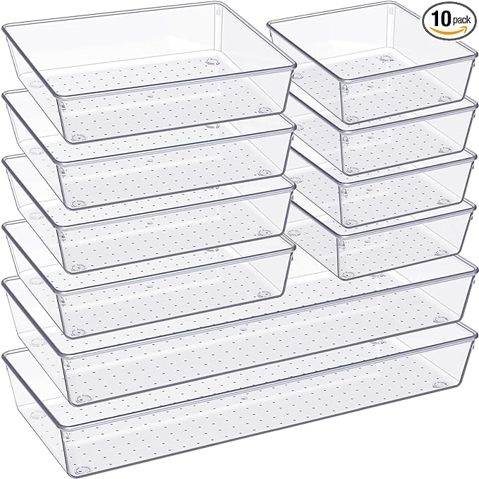 Criusia Drawer Organizer, 10 Pack Large Clear Plastic Set, 3 Size Versatile Bathroom and Vanity Organizer Trays, Storage B...