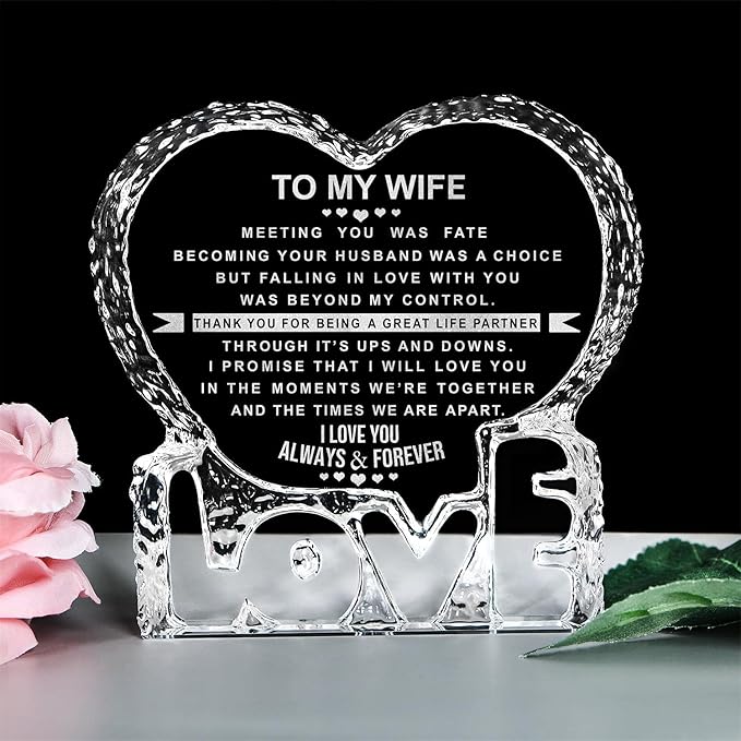 KWOOD Engraved Heart-Shaped Crystal Valentine's Day Mother's Gifts for Wife, Custom Crystal Couples Wedding Anniversary Ro...