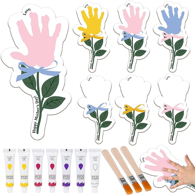 Yousoontic 24 Sets Mother's Day Handprint Kit Unfinished Wooden Flower with Acrylic Paints & Brushes DIY Handmade Gifts fr...