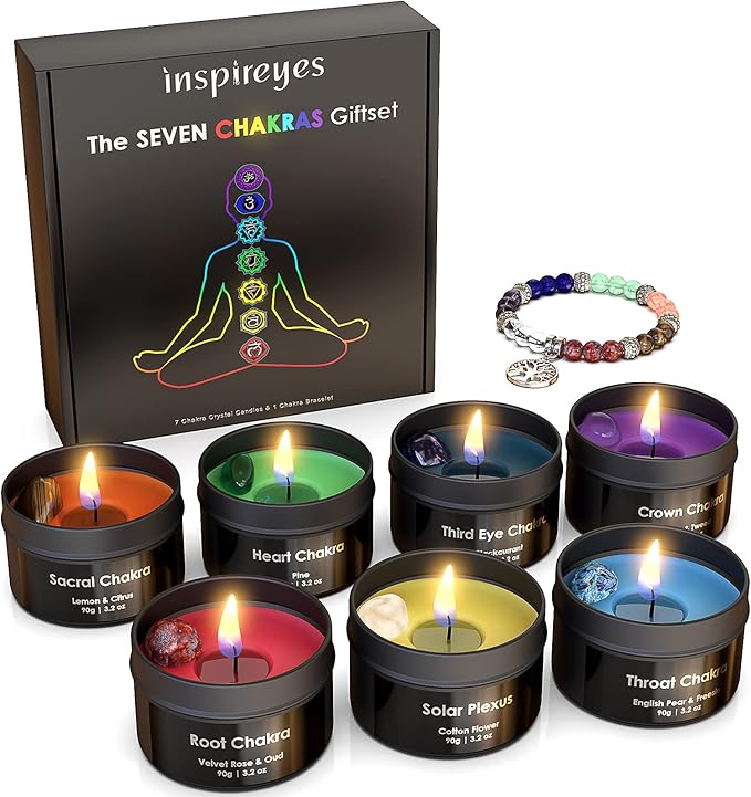 Inspireyes Chakra Candles with Premium Crystal and Healing Stones Luxury Meditation Scented Candles Gift Set for Women Str...