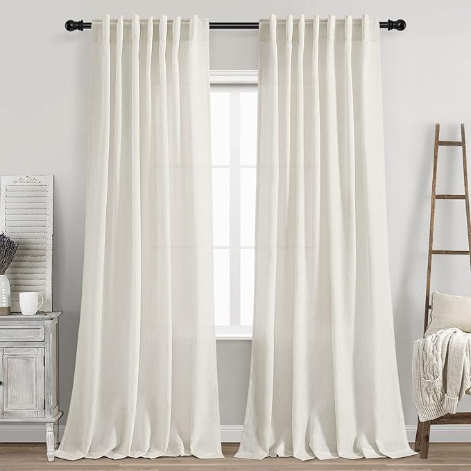 Cream Linen Back Tab Curtains 84 Inch Length for Living Room 2 Panel Set Neutral Modern Farmhouse Window Privacy Semi Shee...