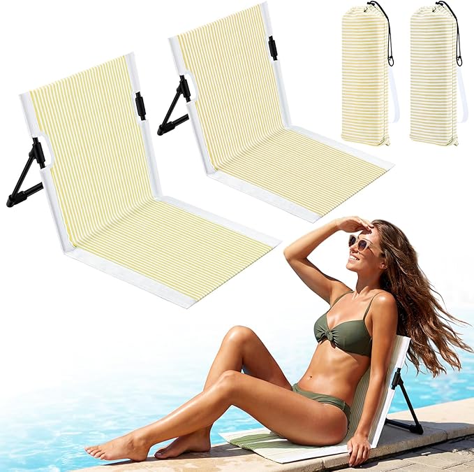Sliner 2 Pcs Foldable Poolside Chairs for Adults Portable Beach Chairs Yellow & White Striped Folding Lazy Chair for Edge ...
