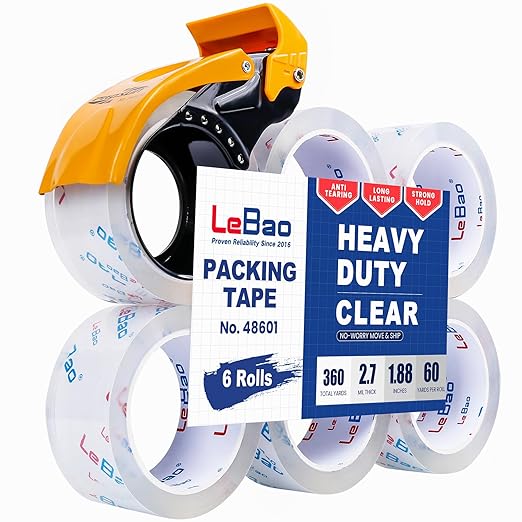 LeBao Clear Heavy Duty Shipping Packing Tape with Metal Dispenser, 6 Rolls 2.7 Mil Thick Ultra Strong Packaging Tape Refil...