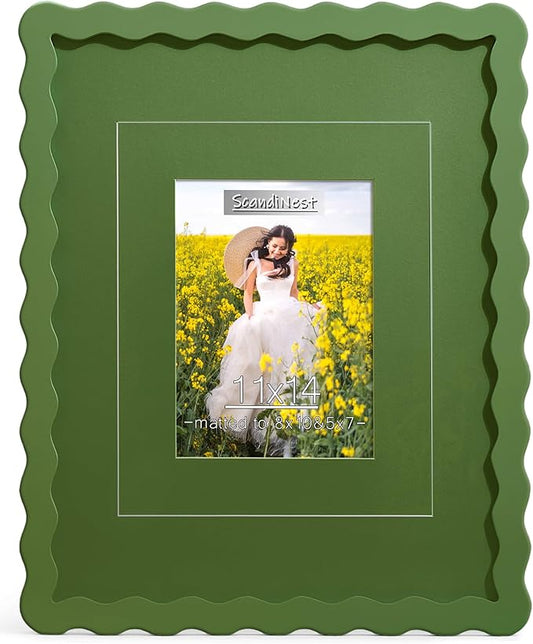 ScandiNest Scalloped 11x14 Picture Frame, Real Glass Wood Frame with Reversible Mat for 5x7/8x10 Prints, Wavy Edge for Wal...