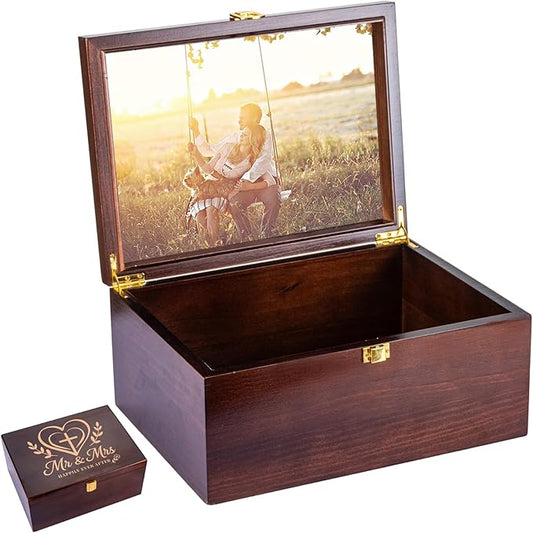 Larger Wooden Wedding Memory Keepsake Boxes With Hinged Lids and a photo frame inside the lid Bridal Shower Gifts - Engage...