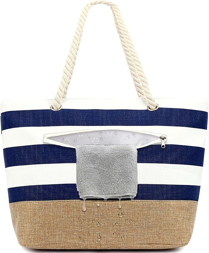 Fammart Beach Bags Waterproof Sandproof for Women, Large Canvas Pool Bag with Leakproof Wet Pocket & Zipper Cruise Essentials