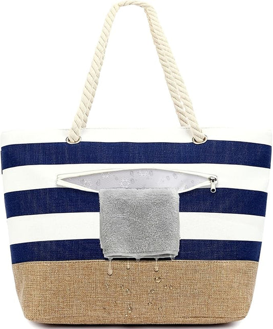 Fammart Beach Bags Waterproof Sandproof for Women, Large Canvas Pool Bag with Leakproof Wet Pocket & Zipper Cruise Essentials