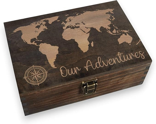 Engraved Adventure Memory Box – Wooden Keepsake Box for Travel Memories, Camping, Couples and Valentine’s Day, Rustic Stor...