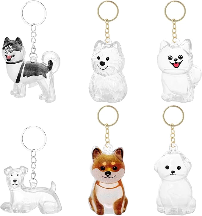 6pcs Dog Hair Storage Keychains, 6 Types Cute Clear Dog Hair Keepsake Keychain with Gold Keyring Pet Fur Storage Collectio...