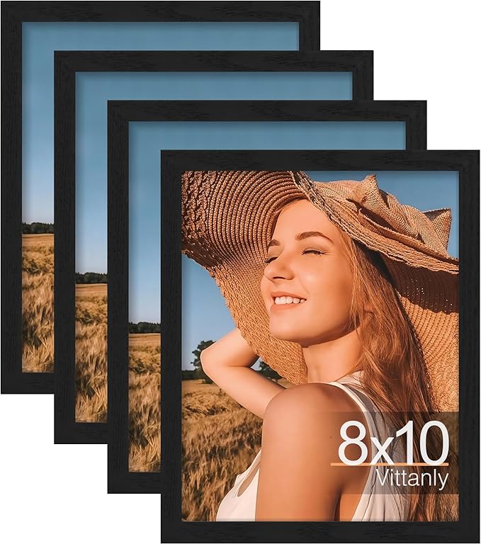 Vittanly 8x10 Picture Frame Set of 4, Display Pictures 5x7 with Mat or 8x10 without Mat, Engineered Wood with Shatter Resi...