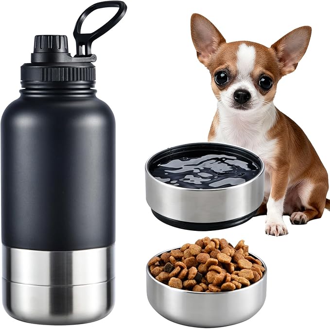 Cibaabo Insulated Dog Water Bottle with 2 Bowls, 32oz Travel Stainless Steel Double Wall Thermos, Portable Pet Dispenser, ...