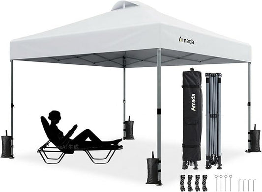 Amada 10x10 Pop Up Canopy Tent, 1-Button Push Easy-up Outdoor Canopy Beach Tent with 3-Height Adjustable Waterproof Shade ...