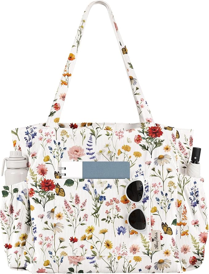 Miss Adola Large Corduroy Tote Bag for Women - Cute Shoulder Reusable Canvas Bags with Zipper Multi-Pocket for School