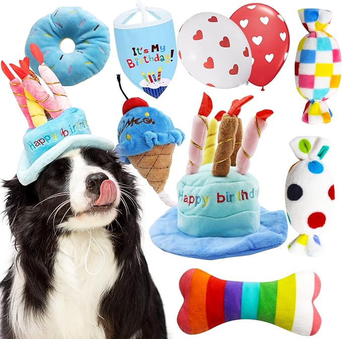 lilfrd Dog Birthday Toy Set, 9Pcs Plush Pet Toy for Small Dogs, Includes Squeaky Cake Hat, Bandana, Dessert Themed Toys, B...