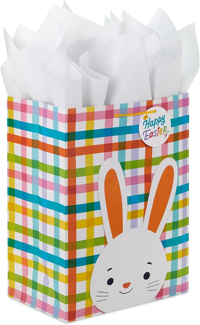 Hallmark 17" Extra Large Easter Gift Bag with Tissue Paper (Bunny Face, Rainbow Plaid) for Kids Presents, Easter Baskets