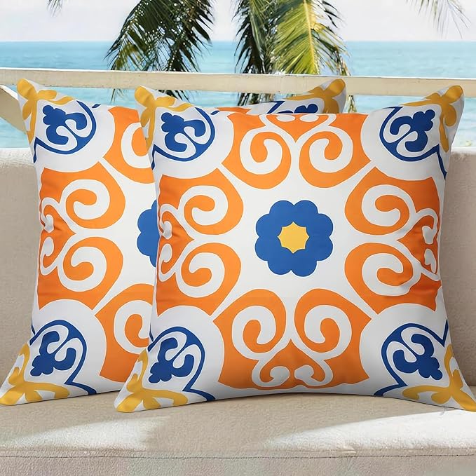 Decodella Outdoor Waterproof Throw Pillow Covers Pack of 2 Floral Printed Boho Farmhouse Sunbrella Cushion Covers for Pati...