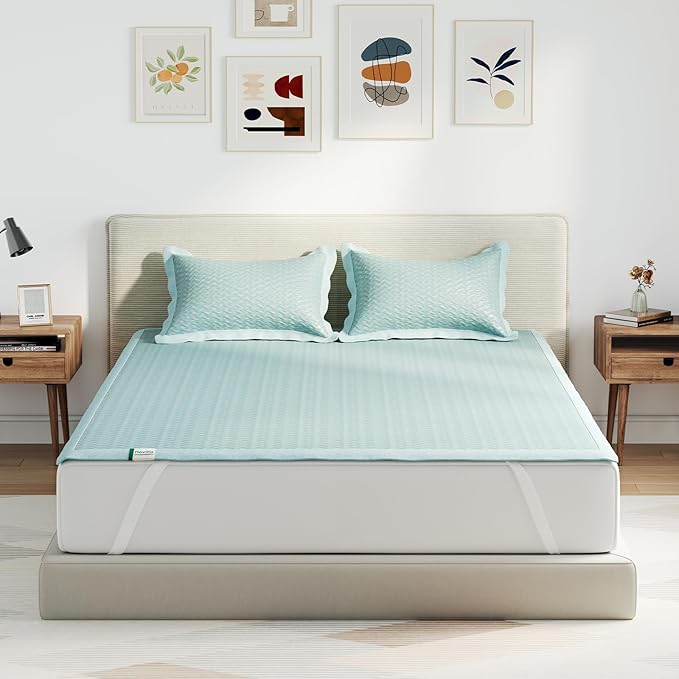 Novilla Summer Sleeping Pad Queen Size(1 Cooling Mat+2 Pillowcases),Sleeping Mat for 8-21" Mattress,Elastic Bandage,Washab...