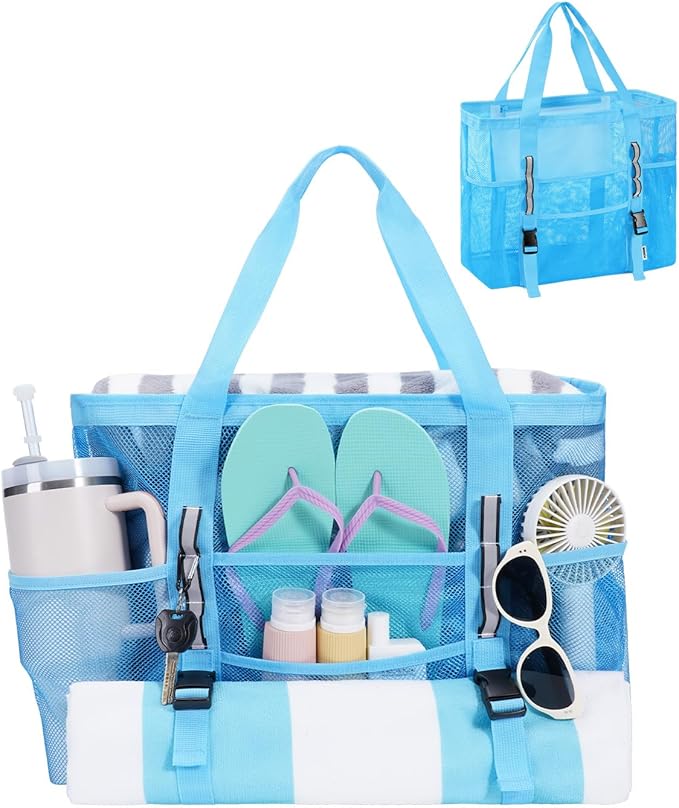 WANDF Mesh Beach Bag for Women, Large Beach Tote Bags with 40oz Tumbler Side Pockets, Family Pool Bag for Swim Toys Towels...