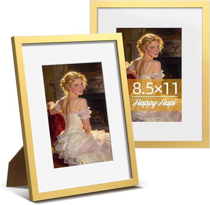 HappyHapi 8.5x11 Picture Frame, Gold Picture Frames Display Photos 6x8 with Mat or 8.5x11 Without, Plastic Frame for Wall...