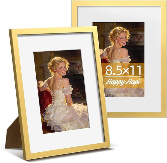HappyHapi 8.5x11 Picture Frame, Gold Picture Frames Display Photos 6x8 with Mat or 8.5x11 Without, Plastic Frame for Wall...