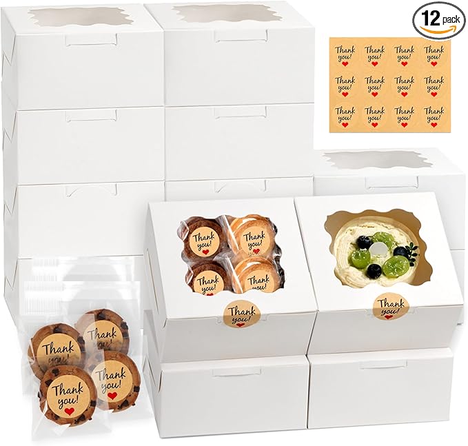 ZYFOTZUN 12 Pcs Cookie Boxes with Window, 6x6x3 Inches White Bakery Boxes, Treat Boxes with 50 Pcs Cookie Bags and 12 Pcs ...