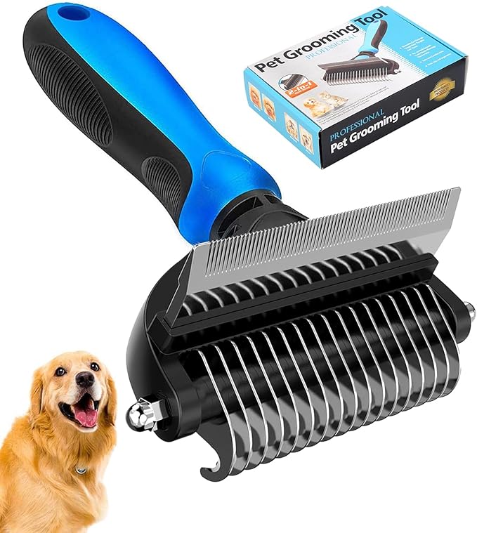 [ 2 in 1 design ] Undercoat Rake and Deshedding Tool for Dogs and Cats - Dematting Comb for Long Hair Pets, Grooming Brush...