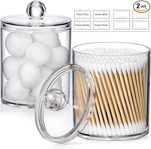 2 Pack Acrylic Qtip Holder Dispenser for Cotton Swabs, Balls, Pads, Floss Picks- Small Clear Plastic Canister Apothecary J...