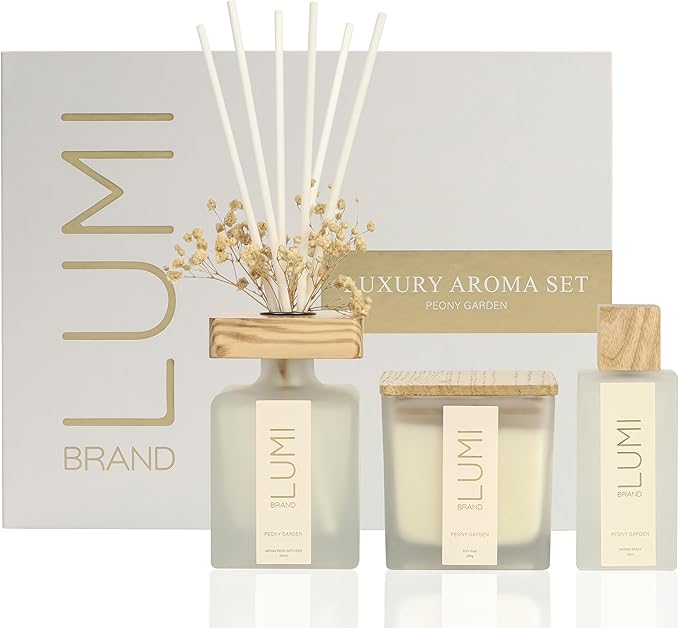 Luxury Aroma Gift Set | Peony Garden - Reed Diffuser (200ml), Wood Wick Soy Candle (200g), Room Spray (50ml) | Includes Dr...