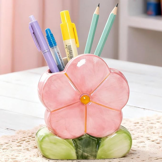 Busnos Pink Makeup Brush Holder Pen Holder for Office Desk Accessories Aesthetic Pencil Holder Cute Flower Home Decor Birt...