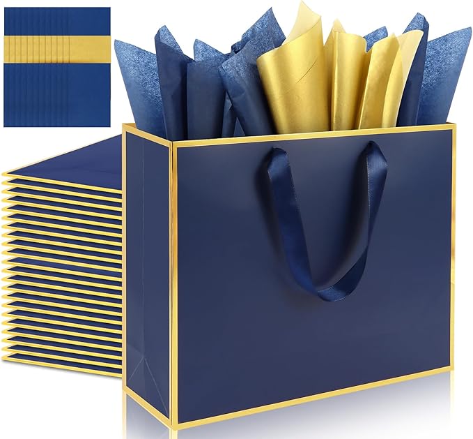 Addblu 12 Pack Large Gift Bags with Handles - Includes 36 Tissue Papers, 11.8x10x4 Inches for Thank You, Wedding, Bridesma...