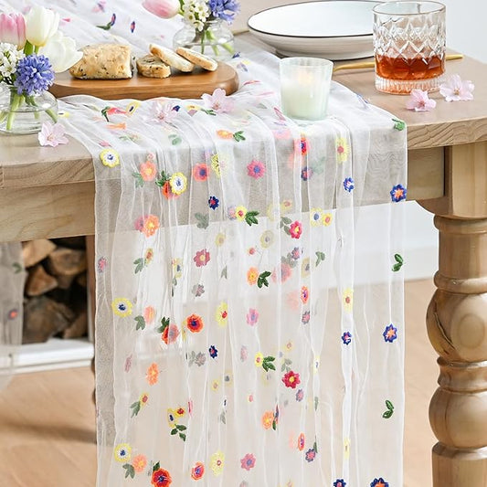 Artoid Mode Milky White Wildflower Floral Gauze Embroidery Table Runner 120 Inch 10FT, Tulle Seasonal Spring Kitchen Dinin...