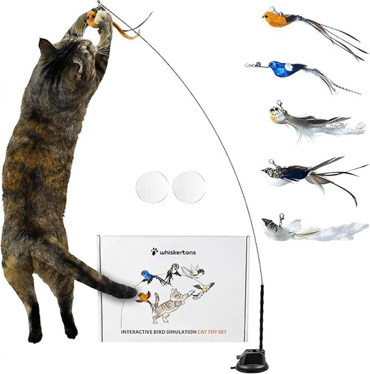 Whiskertons Interactive Bird Simulation Cat Toy Set, Interactive Cat Toys for Indoor Cats, Cat Feather Toy, Self-Holding S...