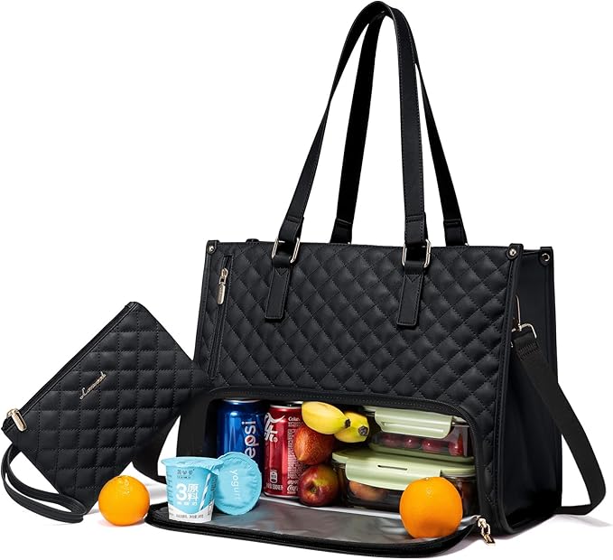 LOVEVOOK Lunch Tote Bag for Women, 15.6 Inch Laptop Bag with Insulated Lunch Compartment, Quilted Large Capacity Computer ...