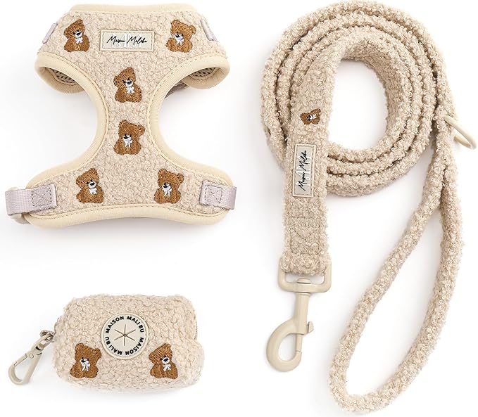 MAISON MALIBU Embroidered Matching Dog Harness and Leash Set with Poop Bag – No Pull, Adjustable, Padded, Breathable Harne...