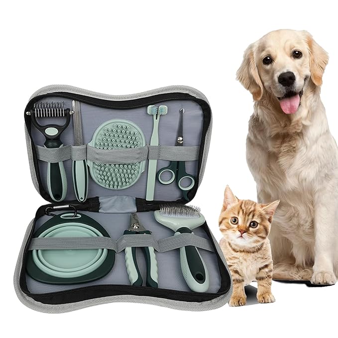 Grooming Brush Kit - 8 Pcs for Shedding & Matted Fur, Self-Cleaning with Flea Comb, Includes Indoor Microbrush, Cat Toothb...