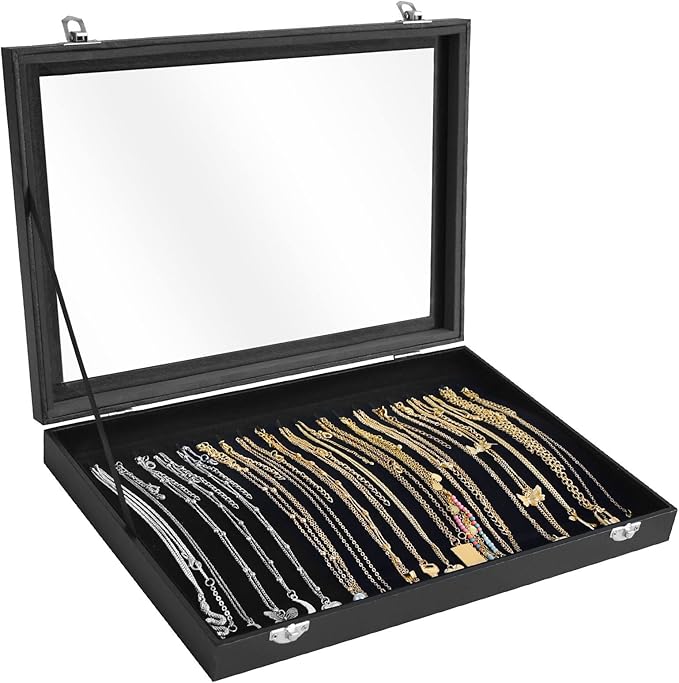 Siveit Premium Necklace Organizer Box - 20 Hooks Jewelry Tray with Transparent Lid - Display Box for Necklaces, Pendants -...