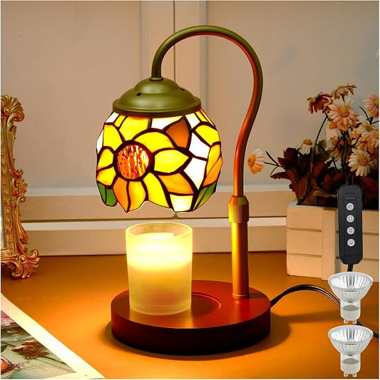 Candle Warmer Lamp - Electric Candle Lamps Timer Dimmer, Sunflower Tiffany Style Stained Glass Candle Warming Lamp Compati...