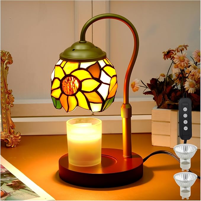 Candle Warmer Lamp - Electric Candle Lamps Timer Dimmer, Sunflower Tiffany Style Stained Glass Candle Warming Lamp Compati...