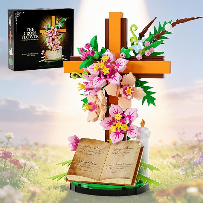 Jesus Cross Flower Building Set, Easter Religious Cross Collectibles, Compatible with Lego Jesus Catholic Building Toys, E...