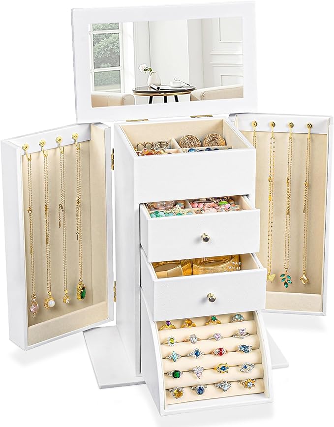 Emfogo Synthetic Leather Jewelry Box Organizer, Large Jewelry Boxes Storage with Mirror Velvet Interior, 4 Tier Jewlery Or...